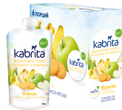 Kabrita® Augļu biezenis Banāns+Ābols+Cepumi ar kazas piena saldo krējumu 100 g x 6