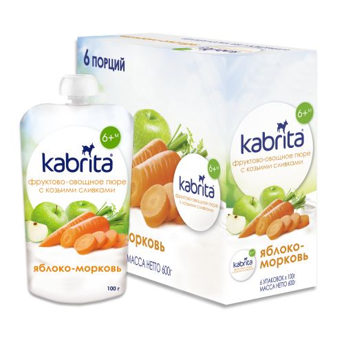 Kabrita® Vaisių-daržovių tyrelė Morka+Obuolys su ožkos pieno grietinėle 100 g x 6