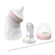 Marcus & Marcus Silicone angled feeding bottle & dispensing spoon – Pink